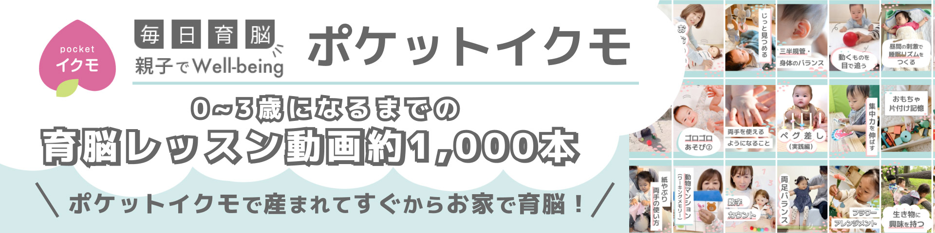 バナー画像、ポケットイクモ、0~3歳になるまでの育脳レッスン動画約1,000本